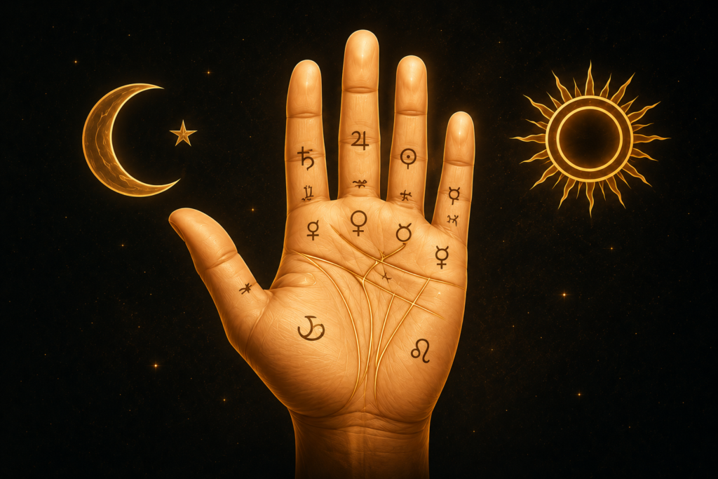 an image of 1 palm along with moon and sun.