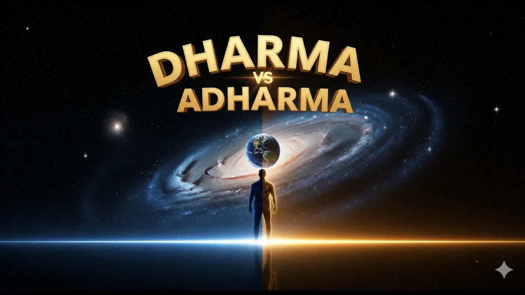 A video thumbnail displaying a split silhouette figure standing below planet Earth and a swirling spiral galaxy in deep space, with bold text reading Dharma vs Adharma.
