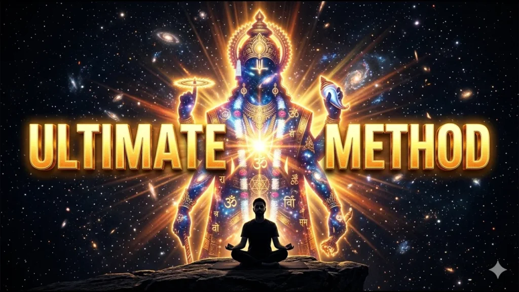 A video thumbnail displaying a person meditating in front of a cosmic, glowing golden form of Lord Vishnu Virat Swarup in deep space, with the text Ultimate Method.