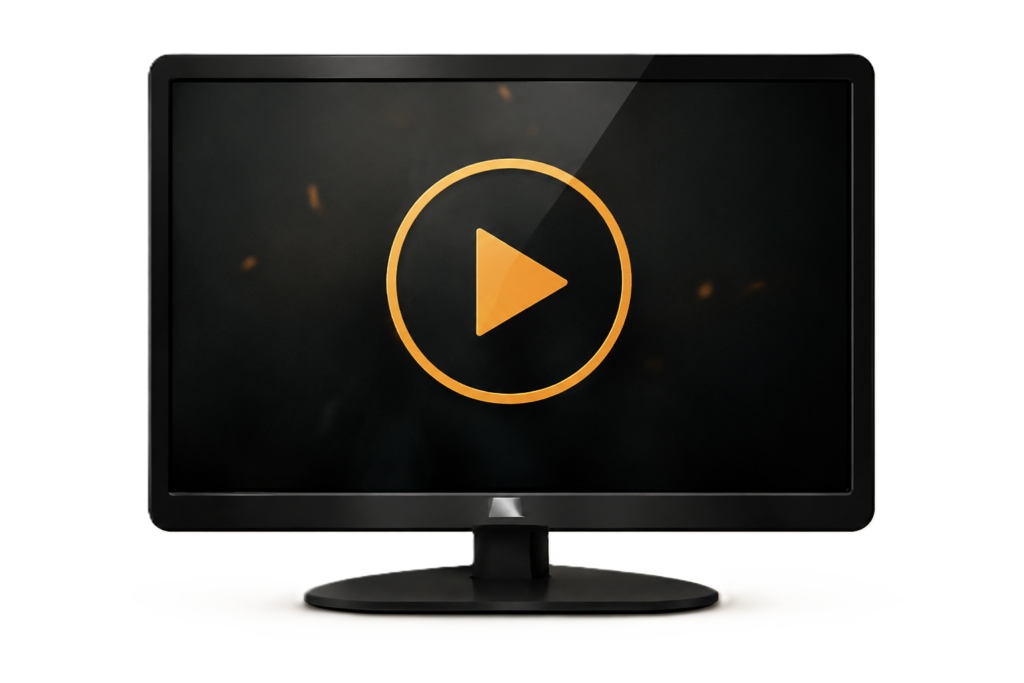 A desktop monitor with a golden play button icon showcasing the Rigveda Shorts daily wisdom video section on the Ankur Arise homepage.