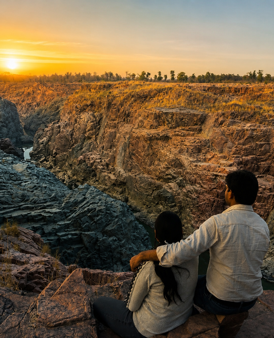 A couple sitting on a rocky cliff looking out over a deep canyon river at sunset, representing the beginning of the Ankur Arise journey.