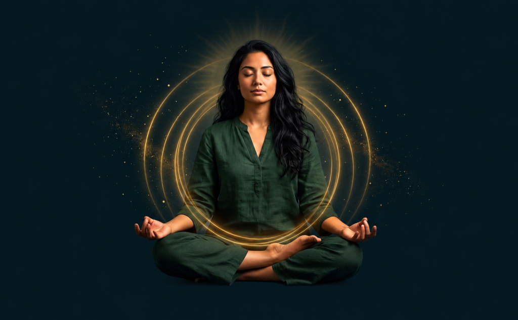 A woman meditating in a calm posture surrounded by golden rings of light, representing guided meditation and mindfulness practices on the Ankur Arise homepage.