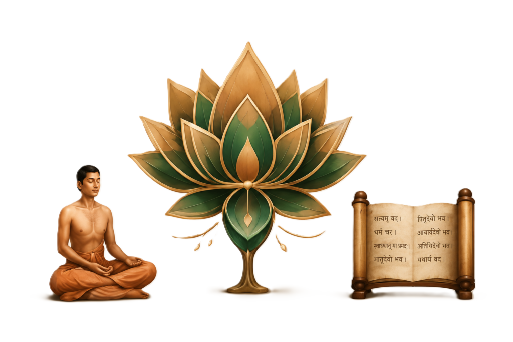 An illustration featuring a seated practitioner in meditation, a stylized lotus tree, and an open ancient scroll with Sanskrit mantras on the Ankur Arise homepage.